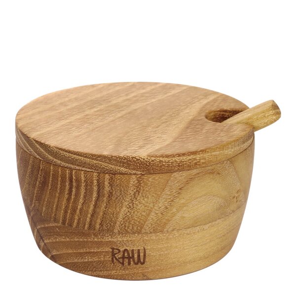 Aida RAW Teak saltkar med lock och sked 4 cm
