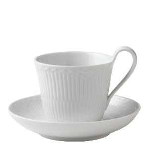 Royal Copenhagen White Fluted Half Lace kopp med högt handtag 24 cl + fat